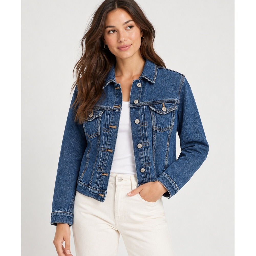 Old Navy Denim Jacket Women XS Petite Classic 90s Aesthetic Blue Trucker Cotton